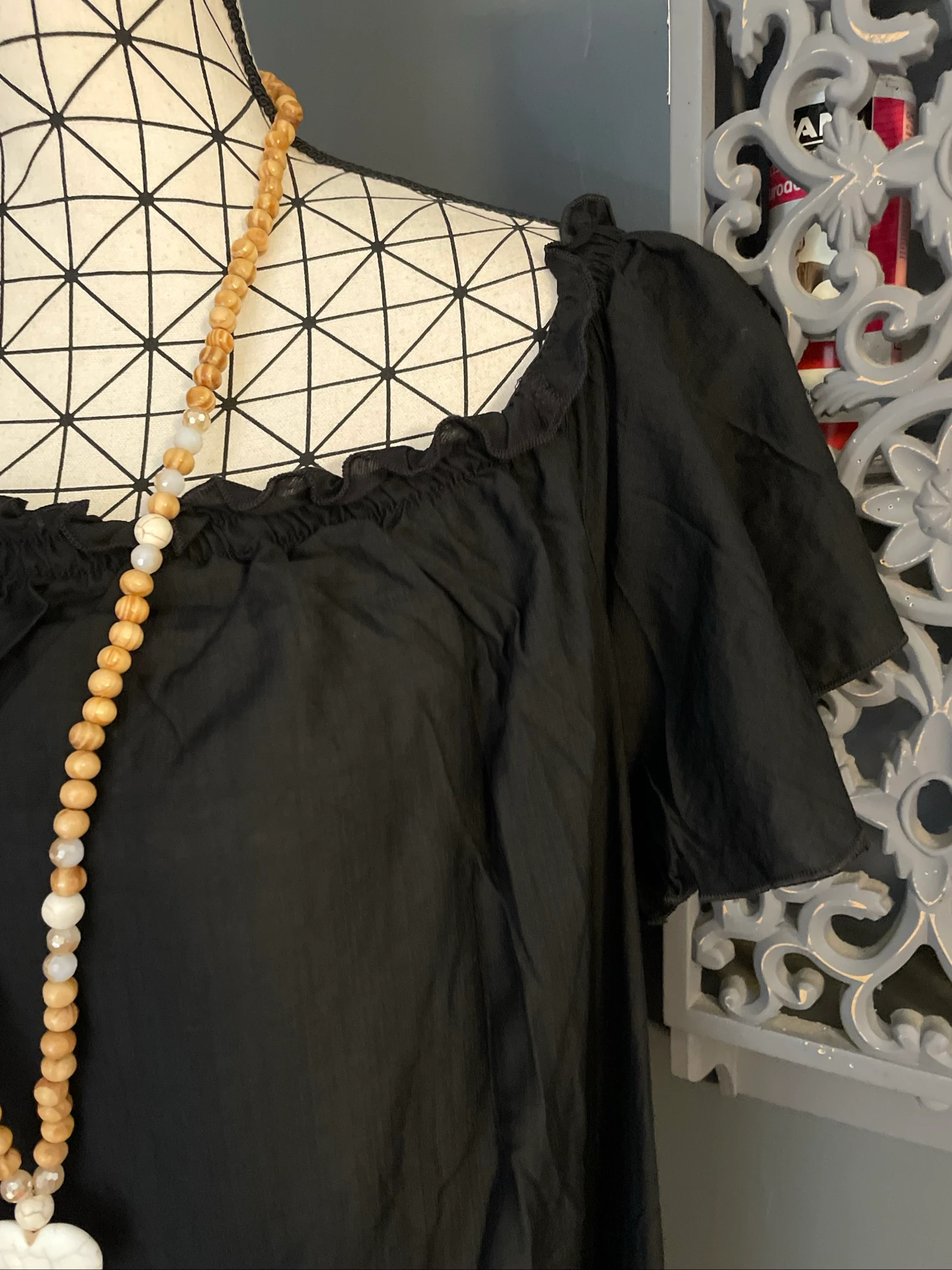 💖 vloeiende zwarte jurk met blote schouders, bohemien, grote maat 50, ruches mouwen 💖 – photo 4